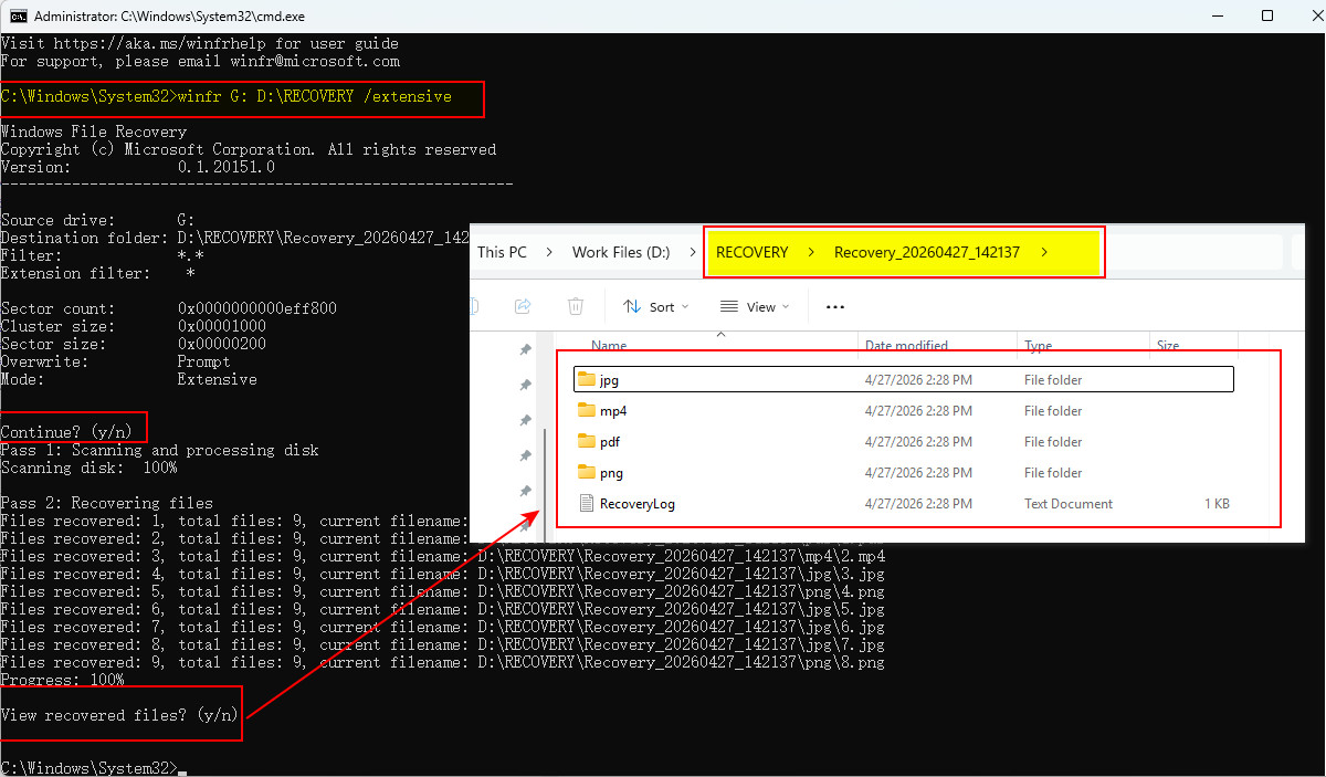 Windows File Recovery recuperando una memoria USB formateada