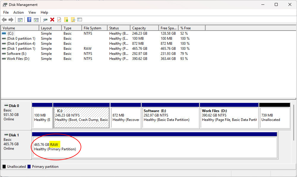 Administración de discos de Windows muestra una unidad identificada como RAW