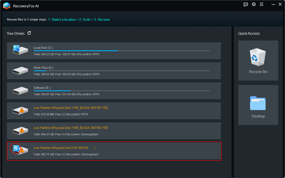 Seleccionar el disco duro RAW en la lista de unidades de RecoveryFox AI