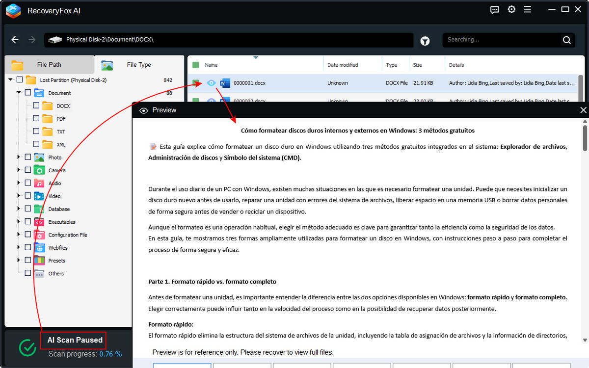 Previsualizar documentos recuperables