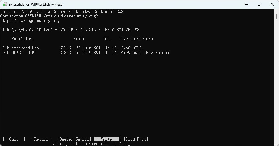 TestDisk escribe la estructura de particiones en el disco