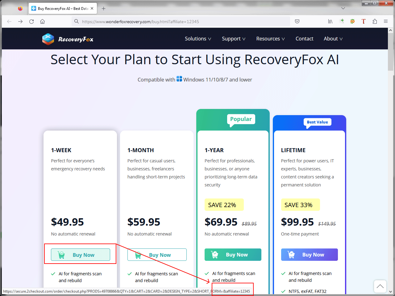 Un enlace de compra con su ID de afiliado