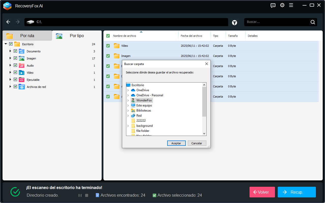 Vista previa y recuperación de archivos del Escritorio