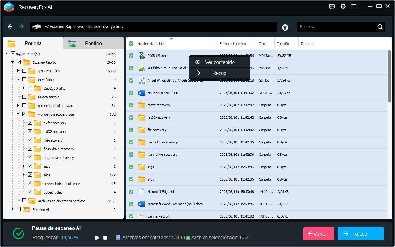 Vista previa y recuperación de datos del dispositivo externo