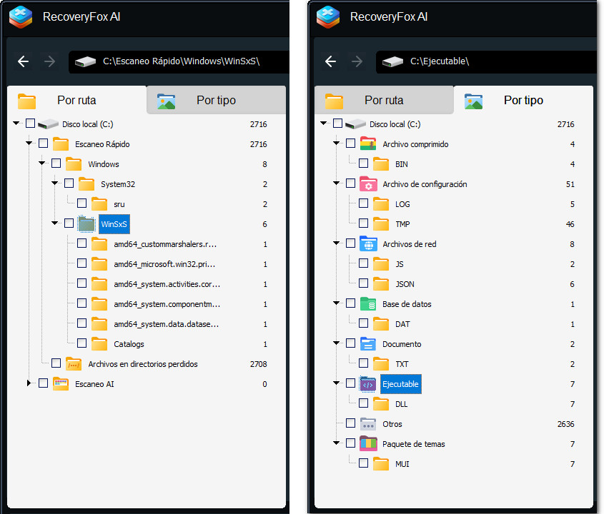 Menú de resultados del escaneo de RecoveryFox AI