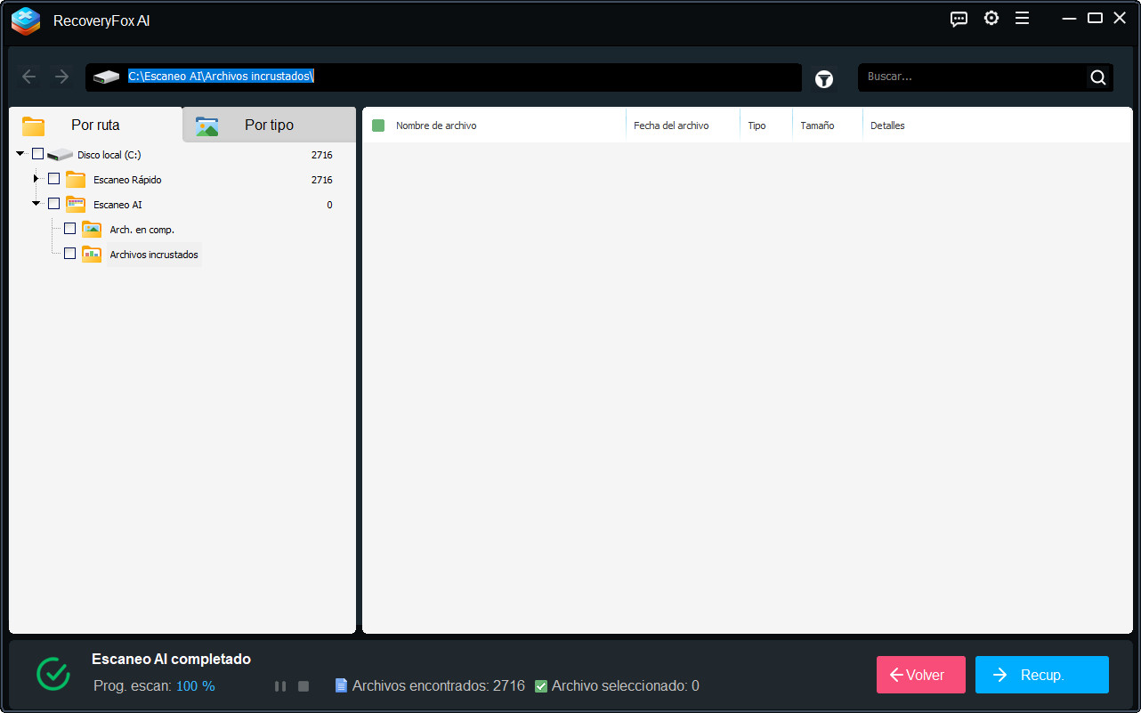 Menú de Ruta del Archivo de RecoveryFox AI