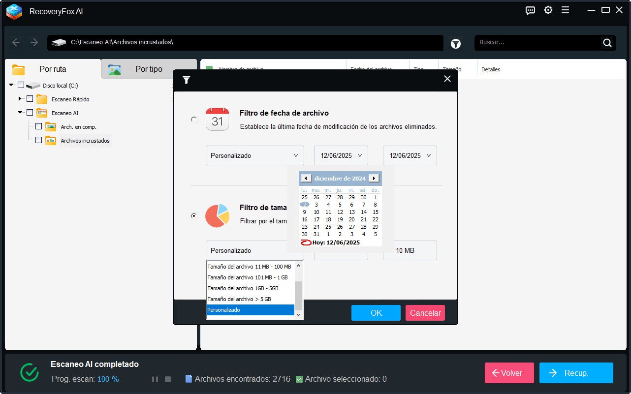 Opciones de Filtro de RecoveryFox AI