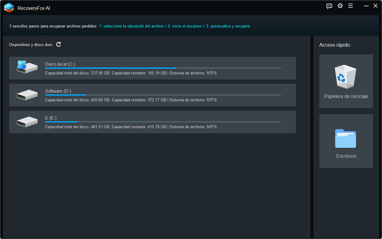 Interfaz de Inicio de RecoveryFox AI