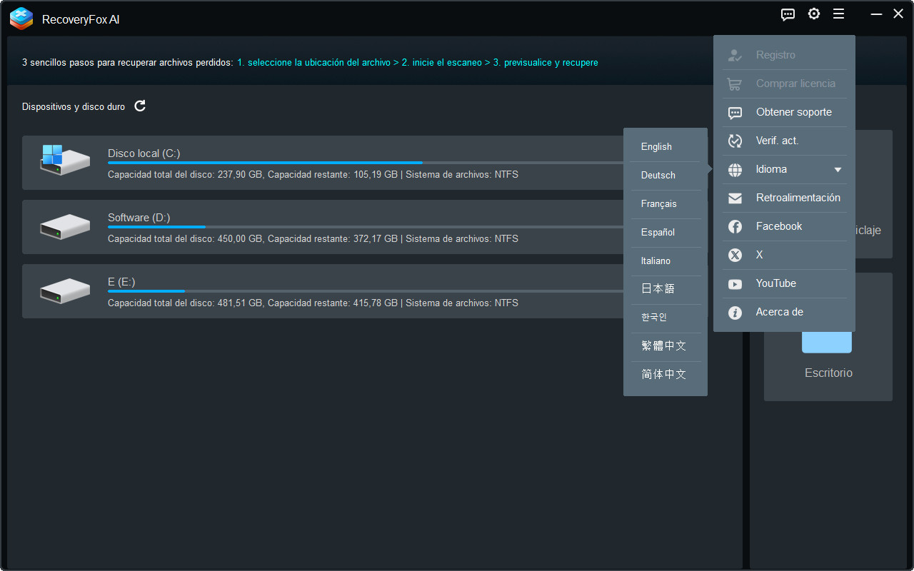 Cambiar idioma del software