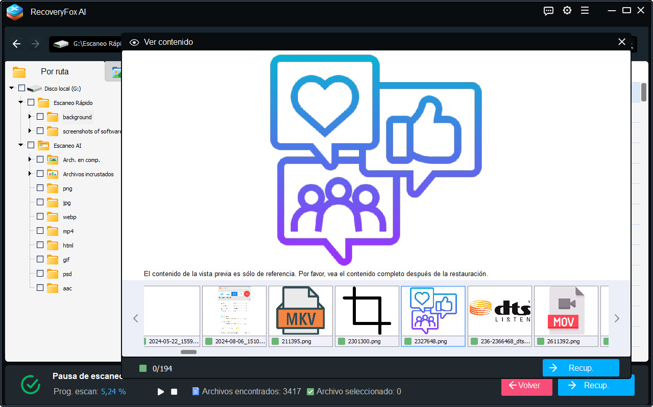 Vista previa y recuperación