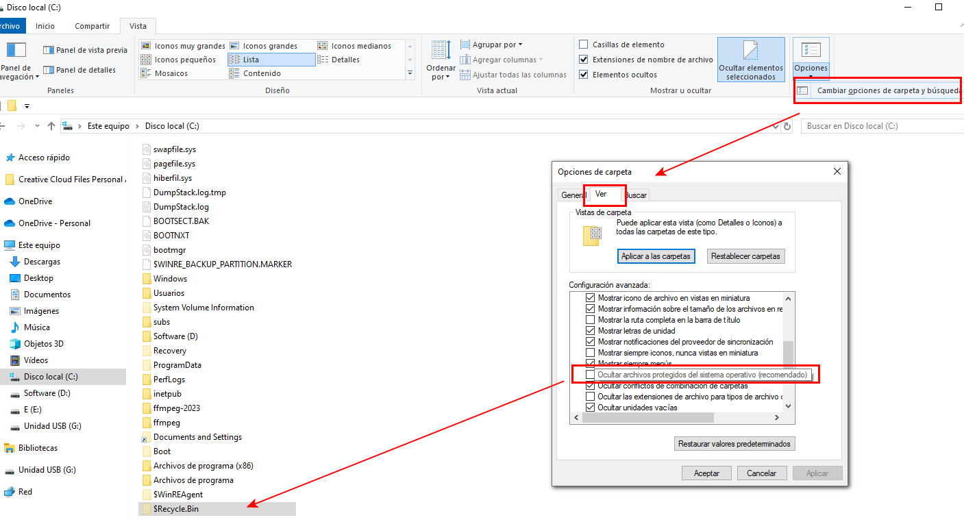 Mostrar carpeta oculta de la PAPELERA DE RECICLAJE