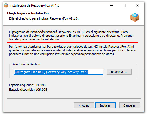 Advertencia de instalación