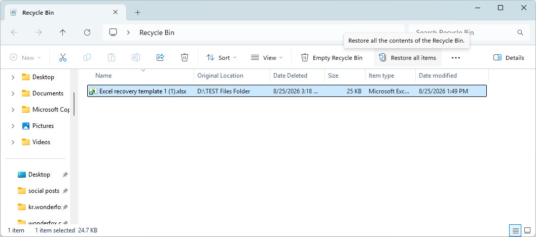 Recuperar un archivo de Excel eliminado desde la Papelera de reciclaje