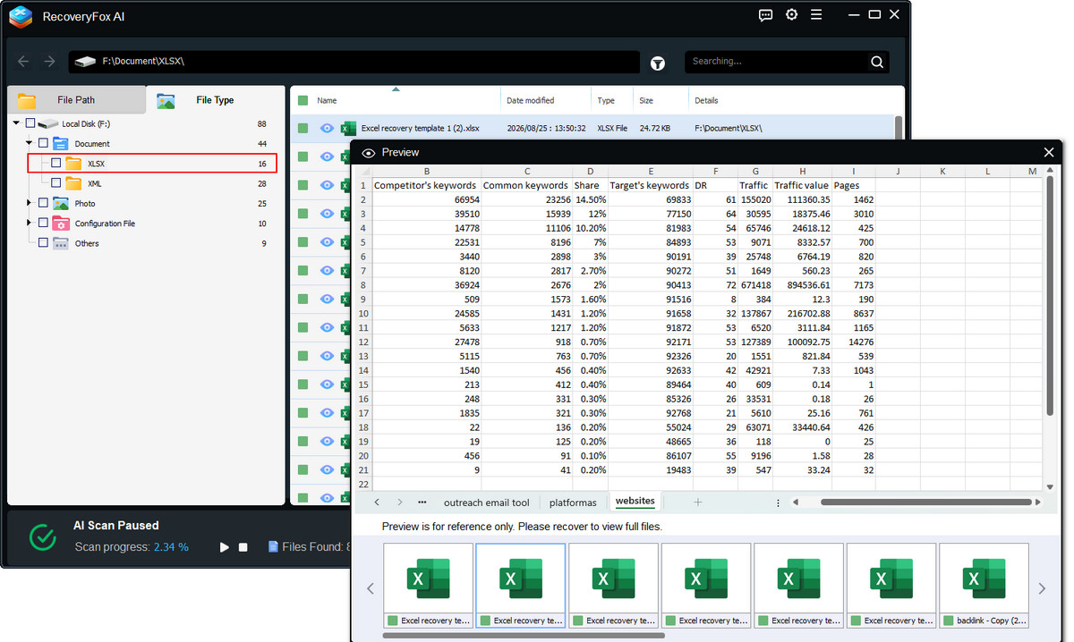 Previsualizar archivos de Excel recuperables