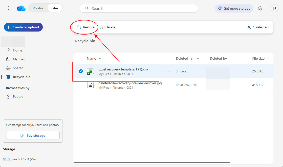 Restaurar un archivo de Excel eliminado desde OneDrive