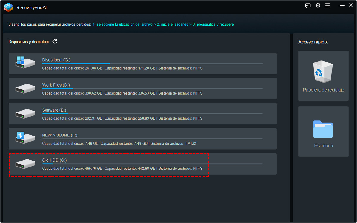 Interfaz de Inicio de RecoveryFox AI