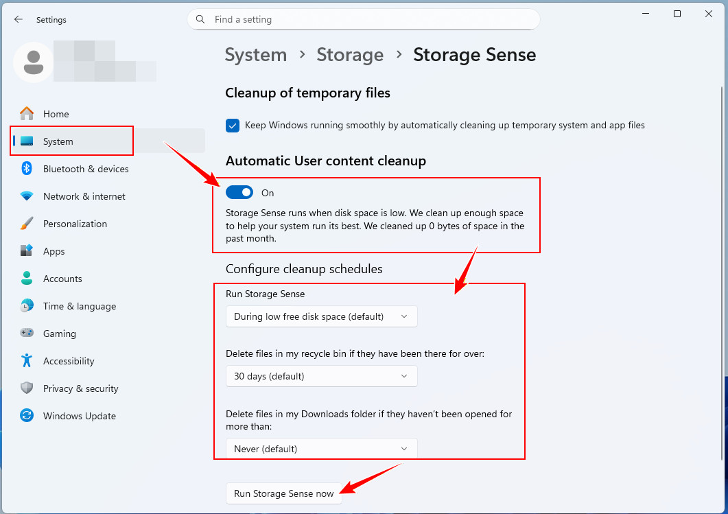 Vaciar la Papelera usando Sensor de almacenamiento
