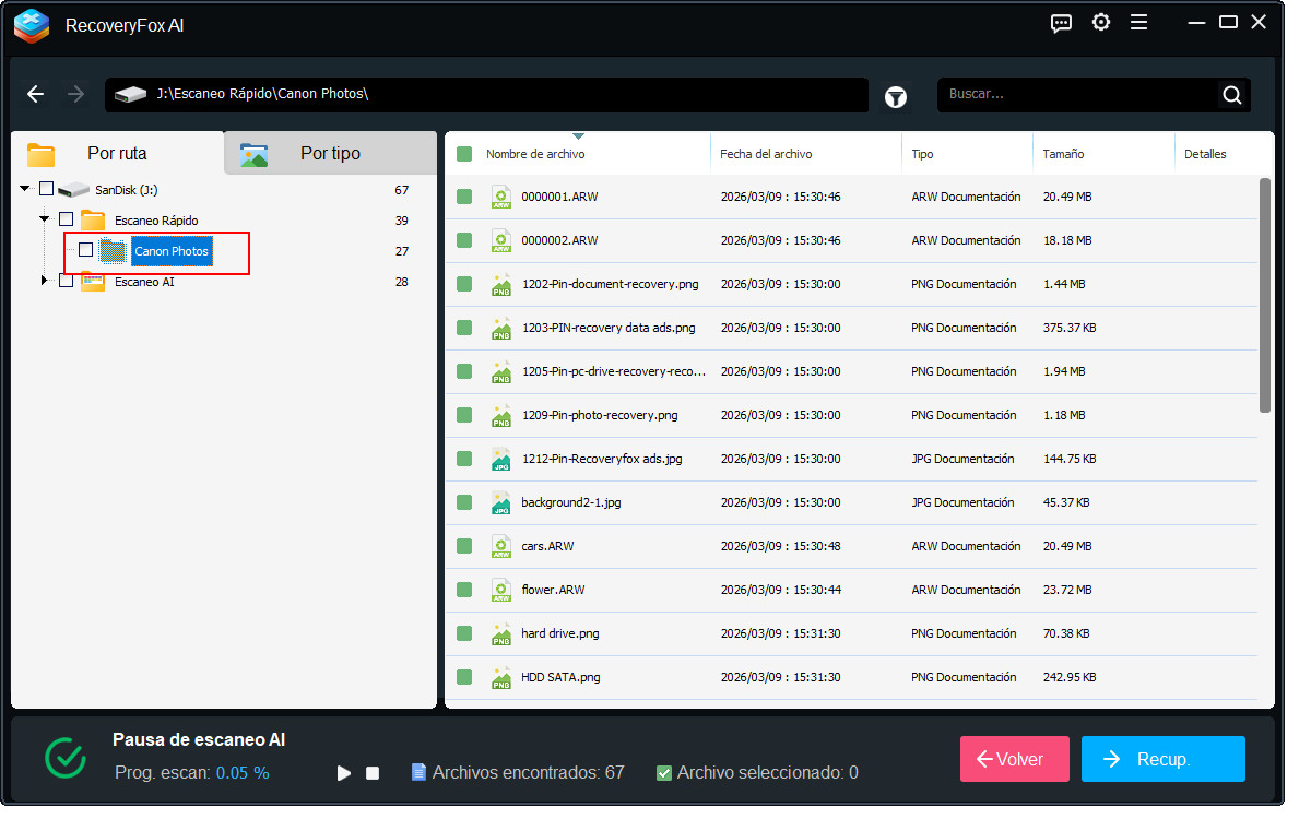 Escanear fotos eliminadas de tarjeta SD