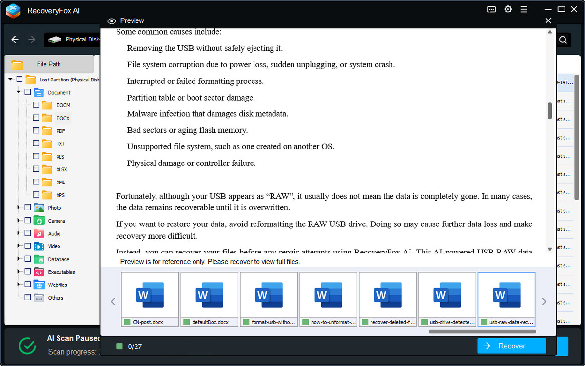 Previsualizar archivos recuperables del USB