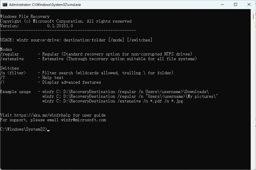 Ventana de comandos de Windows File Recovery