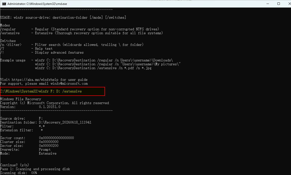 Windows File Recovery comienza a recuperar archivos del USB