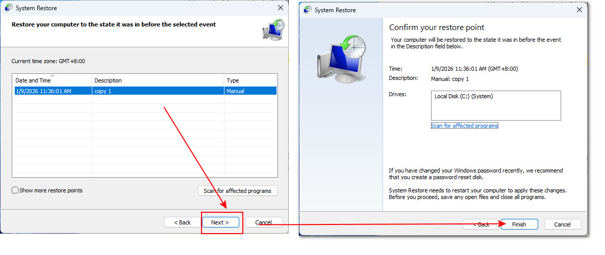 Restaurar sistema para recuperar datos en Windows 11
