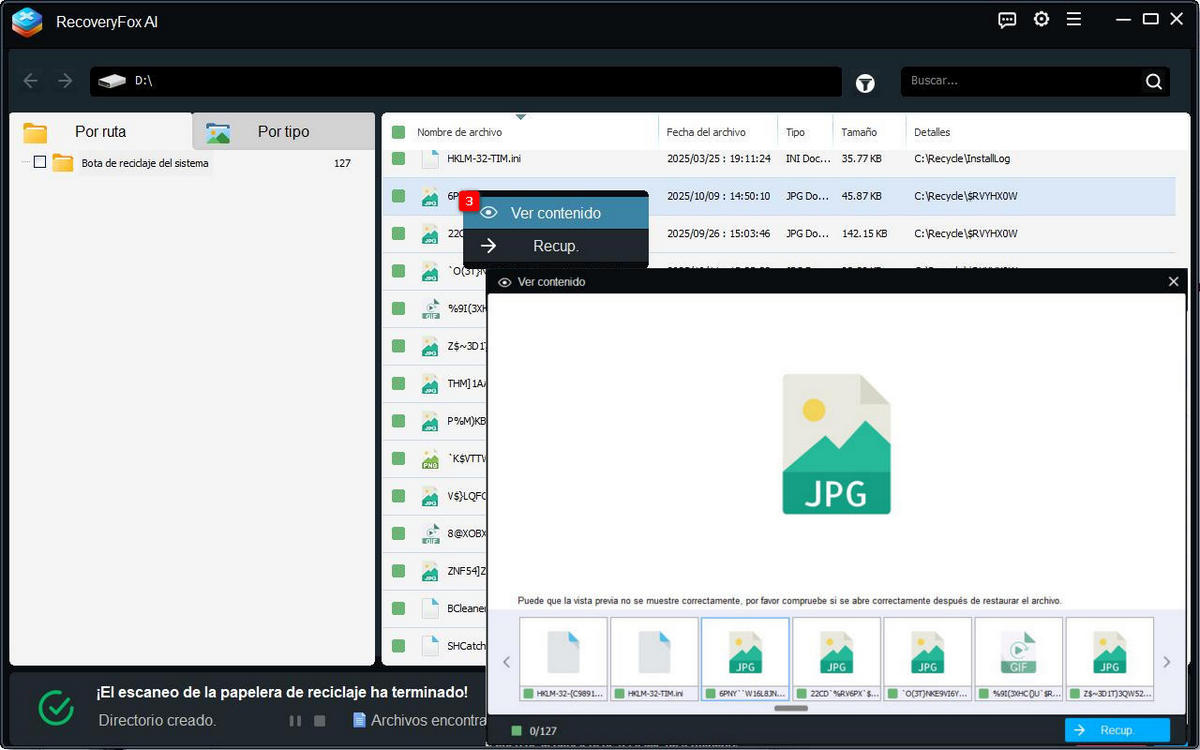 Previsualizar y recuperar archivos de la Papelera de reciclaje