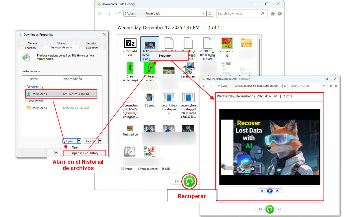 Abrir Versiones anteriores seleccionadas