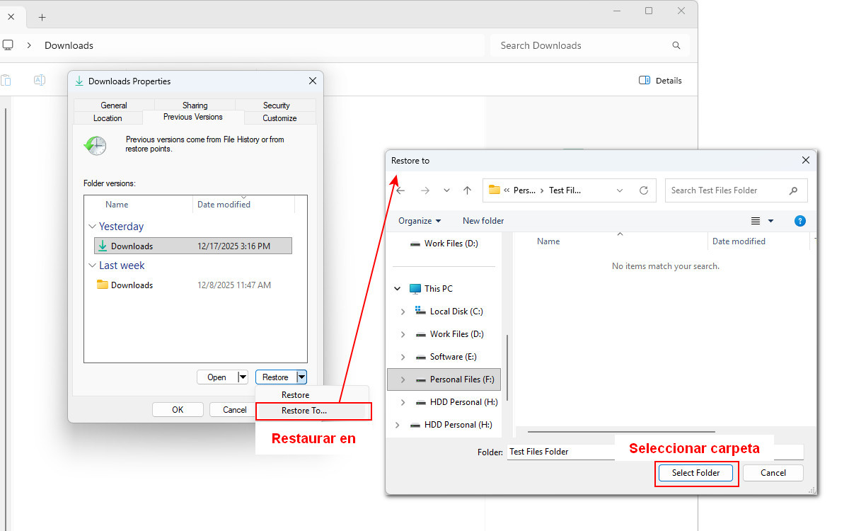 Restaurar la Papelera de reciclaje vaciada desde Versiones anteriores